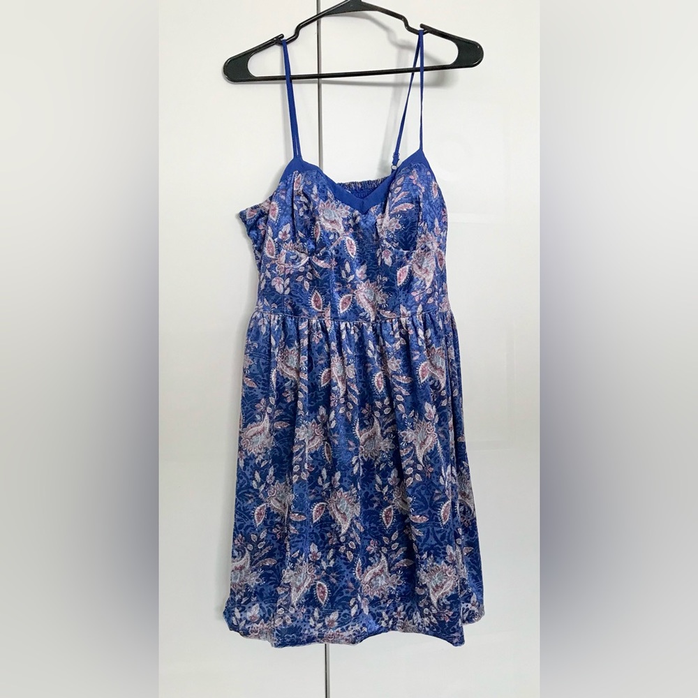Xhilaration Blue Velvet Paisley Dress Juniors XL Sweetheart Neckline